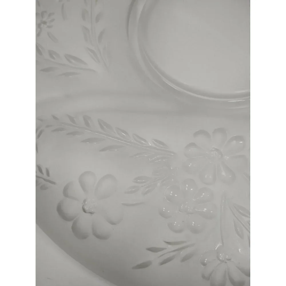 Vintage Large Frosted Glass Carved Flowers & Leaves 4 Slots Tray Serving Platter